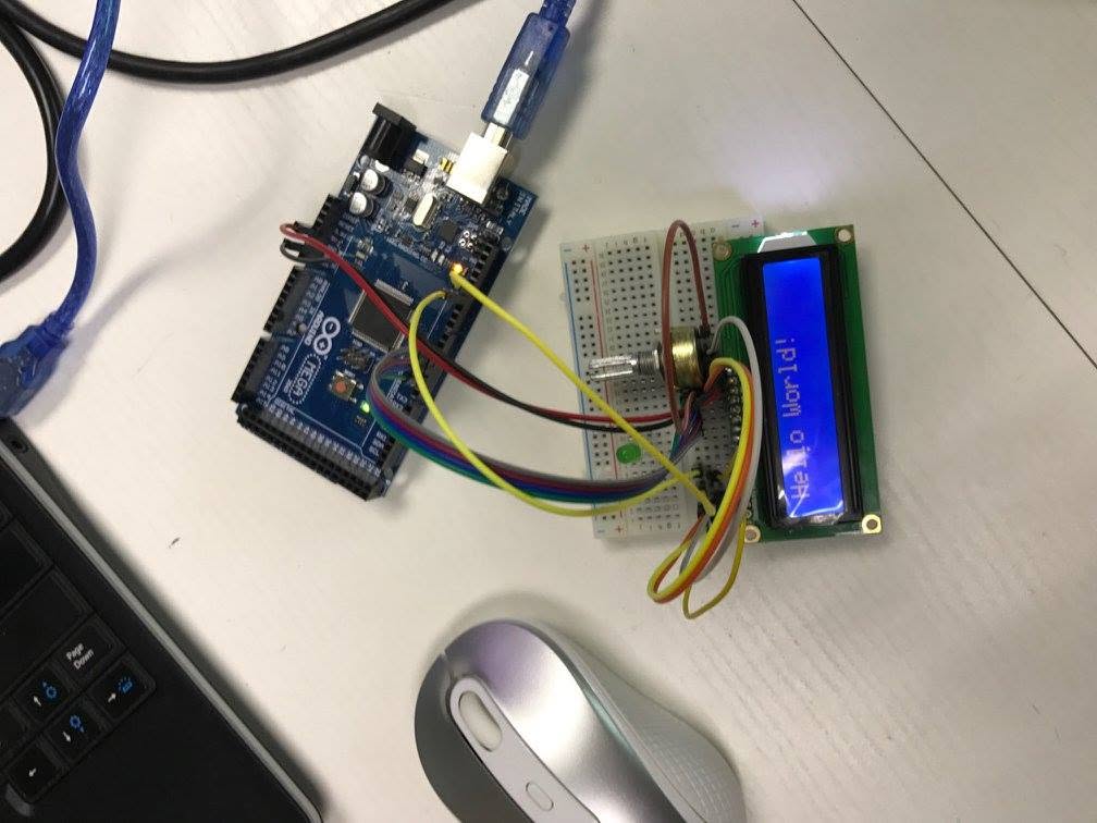 Arduino Mega wired to a 16x2 LCD displaying Hello World