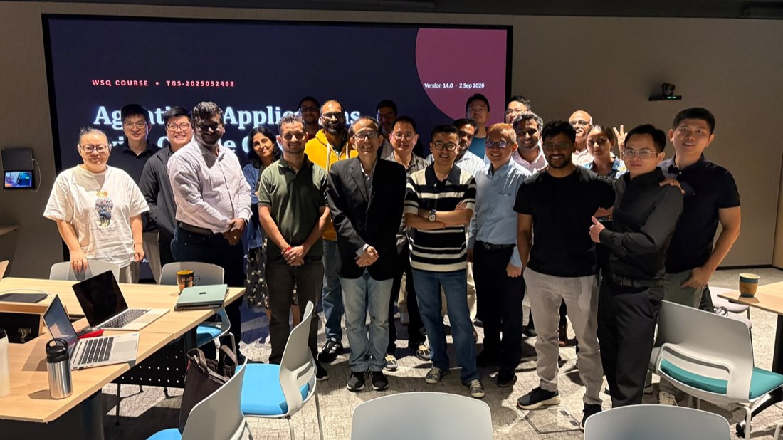 20 engineers from a financial company’s infrastructure and development teams with trainer Dr Alfred Ang at the WSQ Agentic AI Applications with Claude Code corporate training class