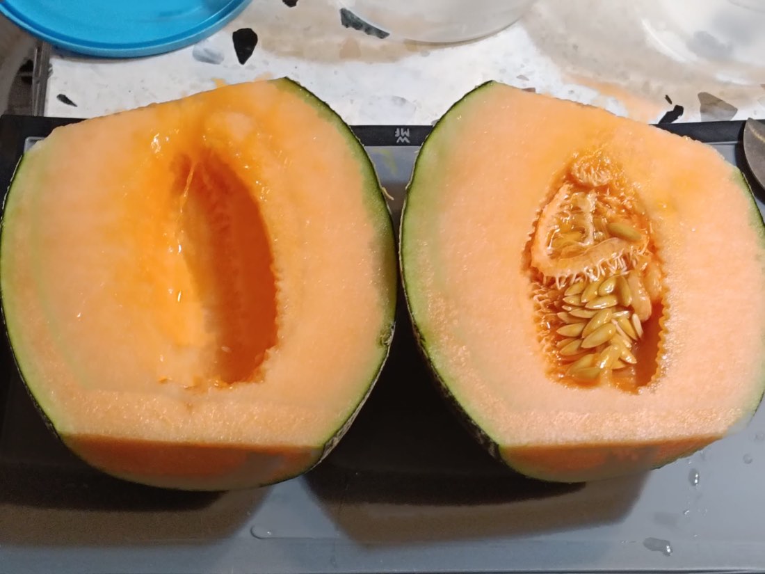 A ripe rockmelon grown hydroponically in Singapore, cut in half to show dense orange flesh and a seed cavity