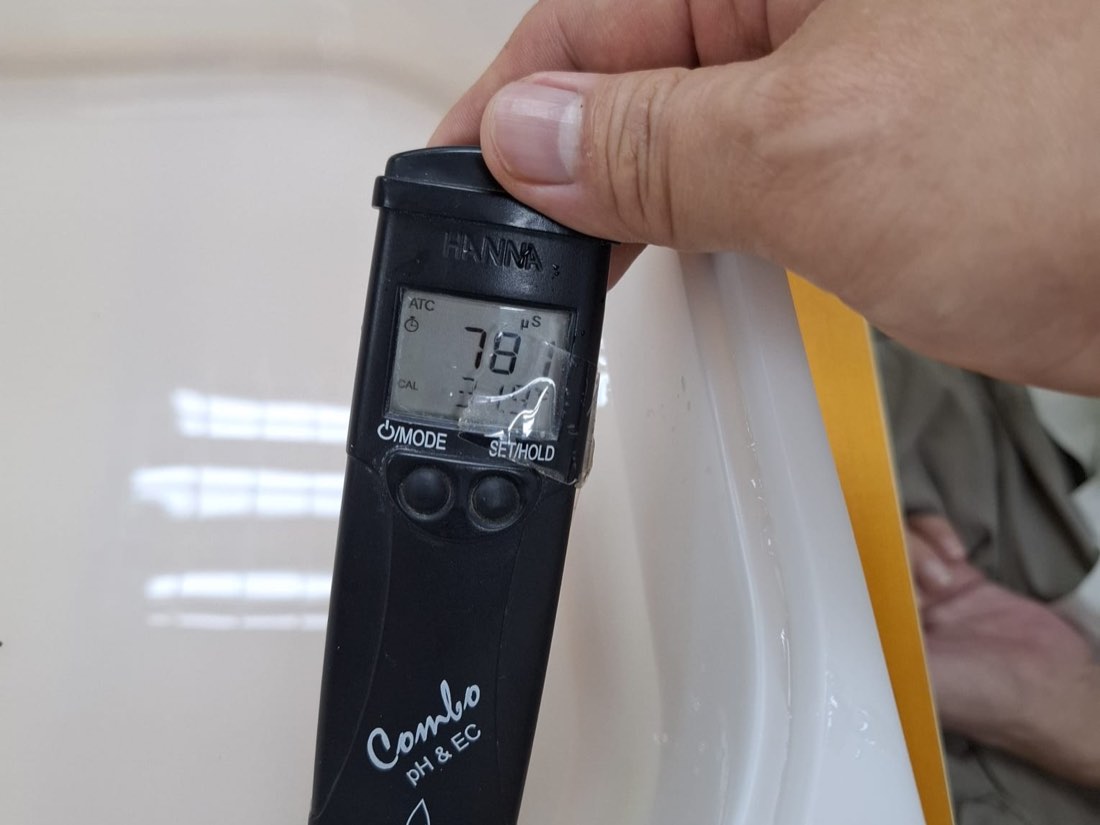 A Hanna Combo pH and EC meter held over the reservoir, its display showing a microsiemens conductivity reading during the practical session