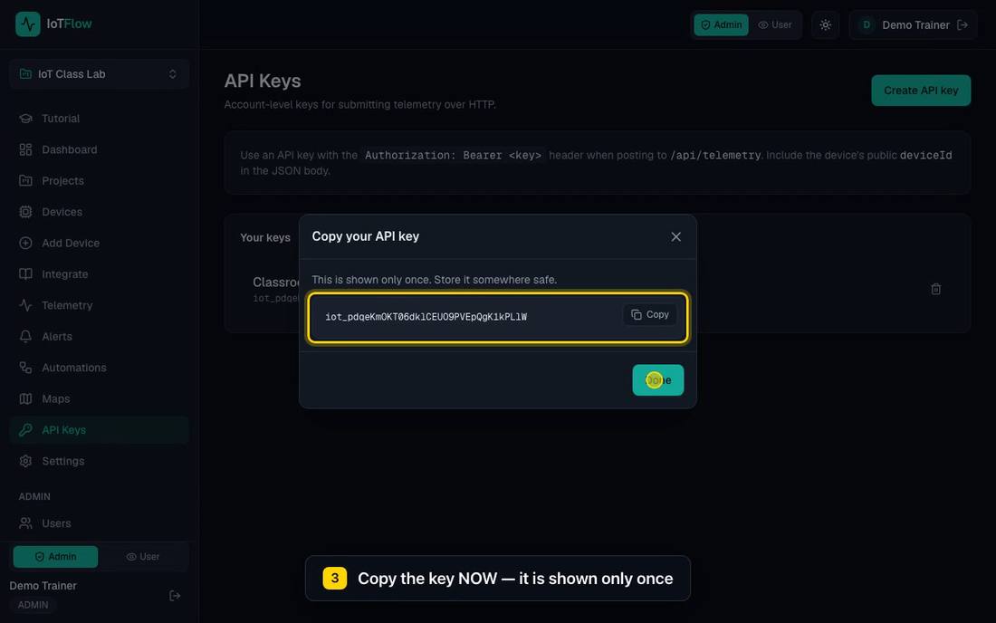 IoTFlow dialog showing a newly created API key with a Copy button