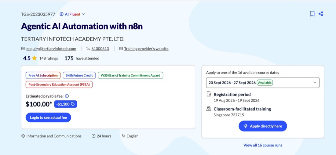 MySkillsFuture course listing for WSQ Agentic AI Automation with n8n showing the Free AI Subscription label